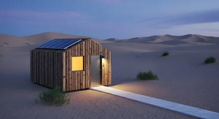 Fototapeta premium Desert Cabin with Solar Panel: Sustainable Living in a Remote Landscape