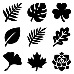 Fototapeta premium Set of nine black leaf silhouettes vector icons collection.