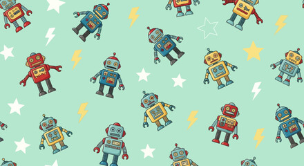 Cute Hand-drawn Cartoon Robots Seamless Pattern for Kids with Stars and Lightning Bolts
