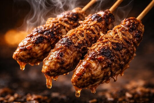 Macro shot of steaming hot Indonesian sate lilit dripping with savory glaze and smoke, dark moody food photography for mouth-watering culinary advertising.