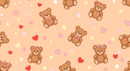 Obraz premium Cute Cartoon Teddy Bears and Hearts Seamless Pattern for Kids Nursery and Valentine's Day Fabric