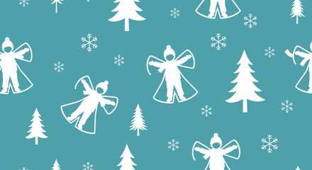 Naklejka premium Christmas Winter Holiday Flat Seamless Pattern with Snow Angels, Trees, and Snowflakes