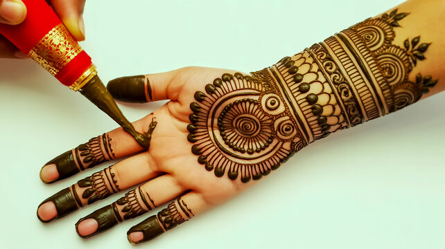 A person applies traditional henna tattoo on a hand with intricate designs and patterns
