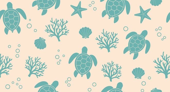 Ocean Marine Life Seamless Pattern with Flat Sea Turtles, Coral, Starfish, and Shells