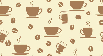 Obraz premium Flat Vector Food and Drink Coffee Pattern: Seamless Design with Steaming Cups, Mugs, Glasses, Beans