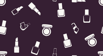 Obraz premium Beauty Cosmetics Flat Design Seamless Pattern with Makeup Products, Lipstick Nail Polish
