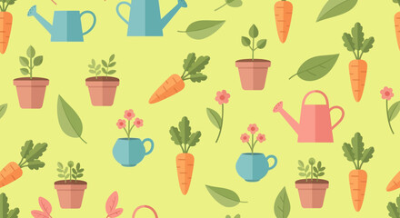 Flat Gardening Nature Seamless Pattern with Carrots, Potted Plants, Watering Cans