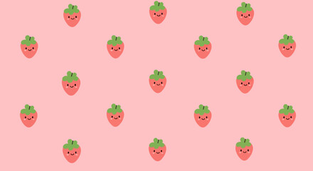 Fototapeta premium Cute Pink Food Pattern: Flat Design Smiling Strawberries for Sweet Lifestyle Background