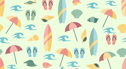 Fototapeta premium Flat Vector Seamless Summer Beach Vacation Pattern with Umbrellas, Surfboards, and Flip-Flops