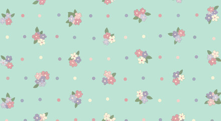 Fototapeta premium Pastel Flat Design Seamless Pattern with Cute Floral Bouquets and Polka Dots Illustration
