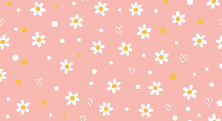 Cute Flat Daisy Flowers, Hearts, Polka Dots Seamless Pattern - Pink Decorative Vector Art