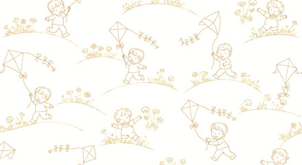 Fototapeta premium Childhood Recreation: Happy Kids Flying Kites on Hills - Seamless Monochromatic Outline Line Art Pattern