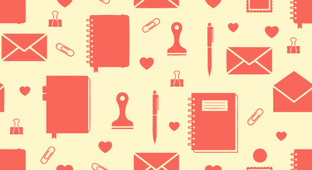 Flat Design Red Office Stationery and Love Communication Seamless Pattern