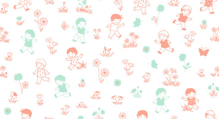 Cute Hand-drawn Pastel Children and Flowers Seamless Pattern for Kids Industry