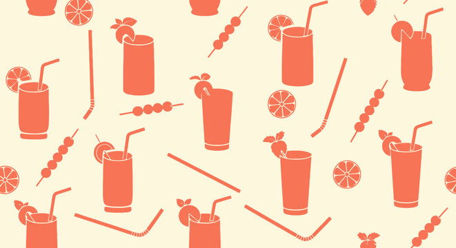 Food  Drink Flat Vector Icons Seamless Pattern with Summer Cocktails, Straws  Fruit