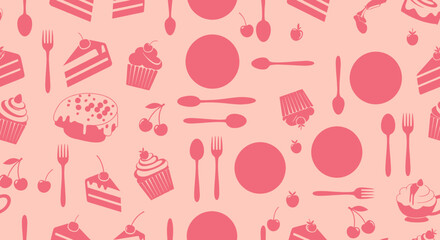Food Industry Desserts Flat Seamless Pattern with Cakes, Cupcakes, Cherries, Plates, and Cutlery