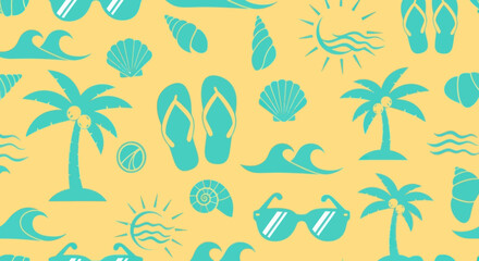 Obraz premium Summer Beach Vacation Seamless Pattern with Flat Tropical Icons and Travel Elements