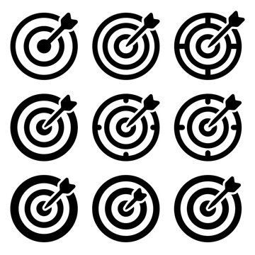 Collection of black and white target and arrow icons representing success.