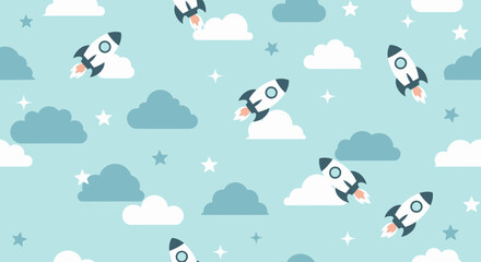 Flat Design Childhood Space Exploration Seamless Pattern with Rockets, Clouds, and Stars