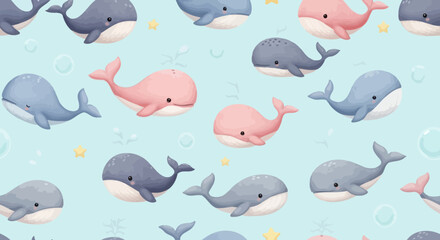 Cute Cartoon Whales Seamless Pattern - Marine Life Digital Illustration for Kids  Baby Textiles