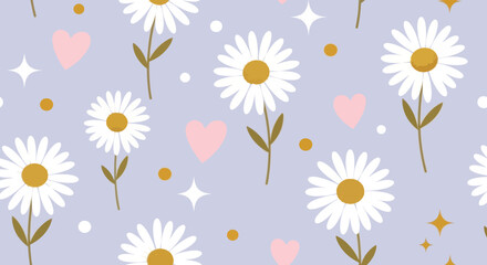 Obraz premium Cute Flat Illustration Seamless Pattern: Daisy Flowers, Hearts, Stars for Decorative Design