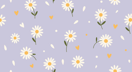 Obraz premium Cute Flat Illustration Seamless Pattern with White Daisies, Hearts, and Petals for Spring Design