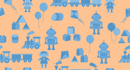 Playful Kids Toys Flat Seamless Pattern Background with Robots, Trains, Blocks, Dolls, Kites