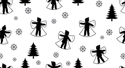 Fototapeta premium Black White Christmas Snow Angel, Tree, and Snowflake Silhouette Seamless Pattern Background