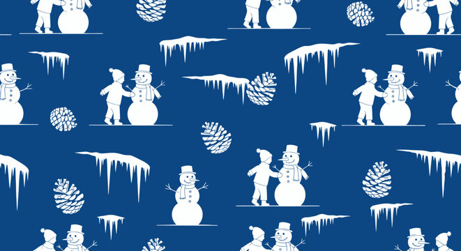 Winter Holiday Seamless Pattern with Snowmen, Children, Icicles and Pinecones - Flat Vector Illustration