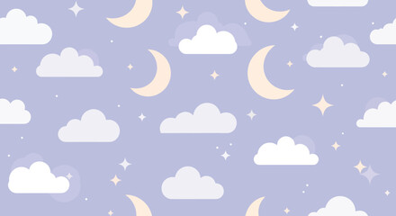 Obraz premium Dreamy Flat Vector Night Sky Seamless Pattern with Clouds, Moons, Stars for Baby