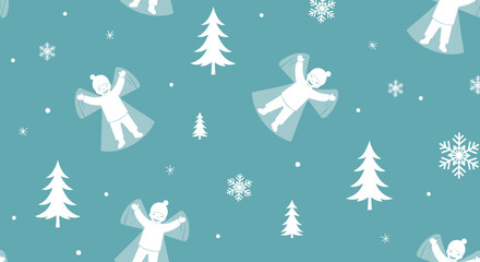 Naklejka premium Children's Winter Holiday Flat Pattern: Snow Angels, Christmas Trees Snowflakes Vector Art