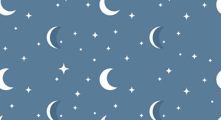 Naklejka premium Flat Seamless Night Sky Pattern: White Moons and Stars for Kids, Dream Sleep Themes Vector