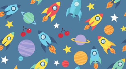 Naklejka premium Colorful Flat Design Space Rocket and Planet Seamless Pattern for Kids Vector Art