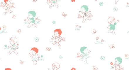 Childhood Hand-Drawn Line Art Illustration: Playful Babies and Toddlers with Flowers and Butterflies