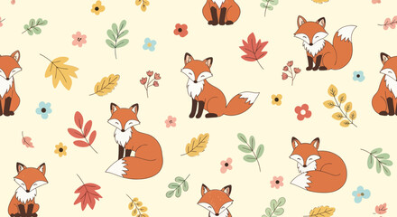Naklejka premium Whimsical Cartoon Fox Autumn Seamless Pattern. Nature Wildlife Vector Art Background.