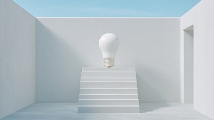 Conceptual image of light bulb floating above white staircase in minimalist interior space under clear blue sky