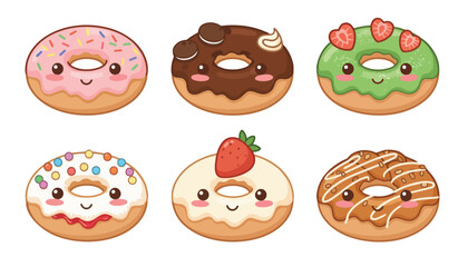 Obraz premium A delightful collection of six kawaii-style donuts, each with a unique frosting and topping, presented in a charming and colorful illustration.