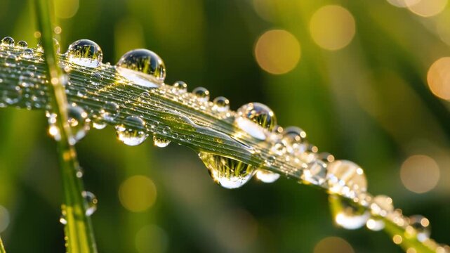 dew drops on blade of grass in natural outdoor setting with green and yellow hues