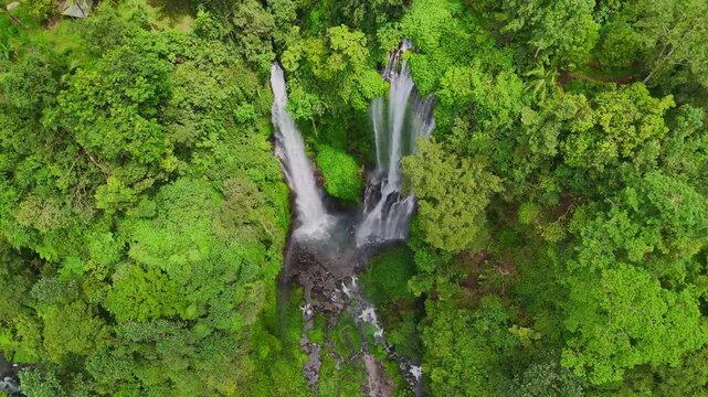 Aerial drone shot flying forward through dense tropical jungle revealing a stunning waterfall in Bali, Indonesia. Lush greenery, mist, and untouched nature. Cinematic 16:9 landscape format perfect for