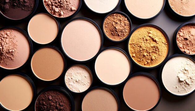 An overhead shot displays an array of open, compact makeup palettes in various neutral tones, showcasing the different colors