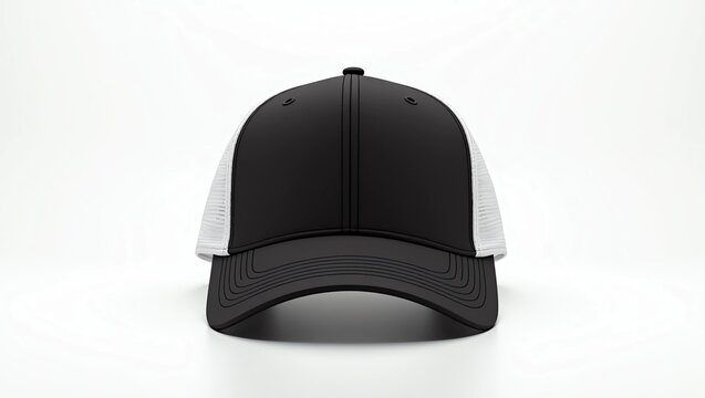 Front view of black baseball cap or trucker hat isolated on white background 
