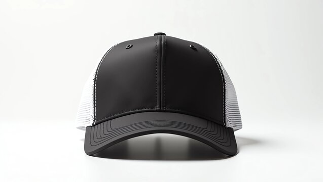 Front view of black baseball cap or trucker hat isolated on white background 