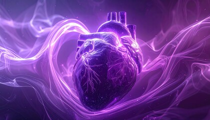 Heart in a swirl of purple energy, anatomical representation.
