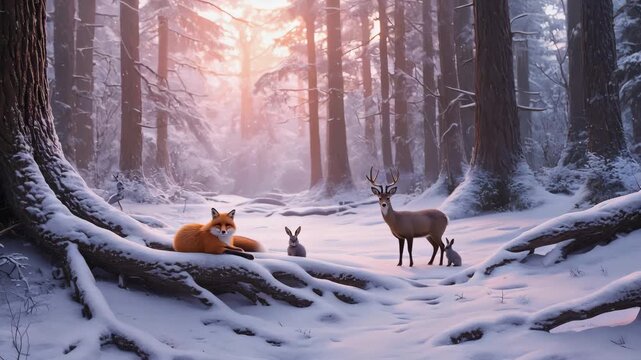  Snow gently dropping from branches, subtle animal breathing motion, light wind moving pine needles 