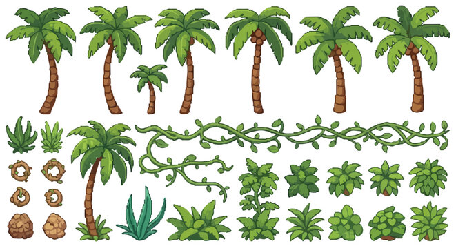 A versatile collection of pixel-art tropical foliage, featuring various palm trees, lush green bushes, winding vines, and earthy ground elements, ideal for game environment design.