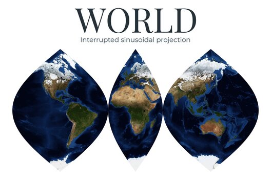 World Map. Interrupted sinusoidal projection. High Detail Physical Map of The Earth. Raster Graphic Illustration. Elements of this image furnished by NASA.