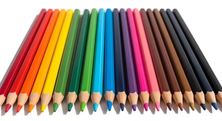 Fototapeta premium Vibrant array of colored pencils neatly arranged on white background