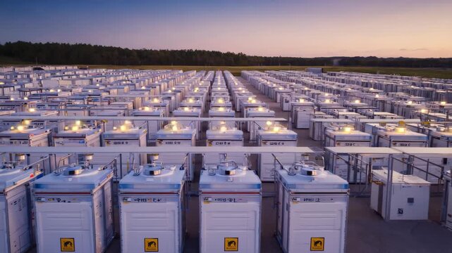 Status indicator lights blink in synchronized sequence across multiple containers while the camera pedestal-down slowly, twilight sky darkening naturally 