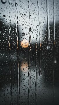 A rainy night view through a wet window with blurred city lights and droplets on the glass pane at dusk