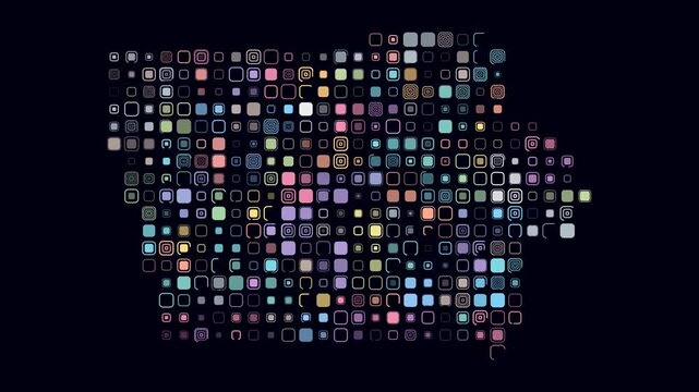Iowa animated shape. Pulsating colored dots on the map of the state. Large size rounded square blocks. Digital style Iowa map on dark background. Vibrant animation video.